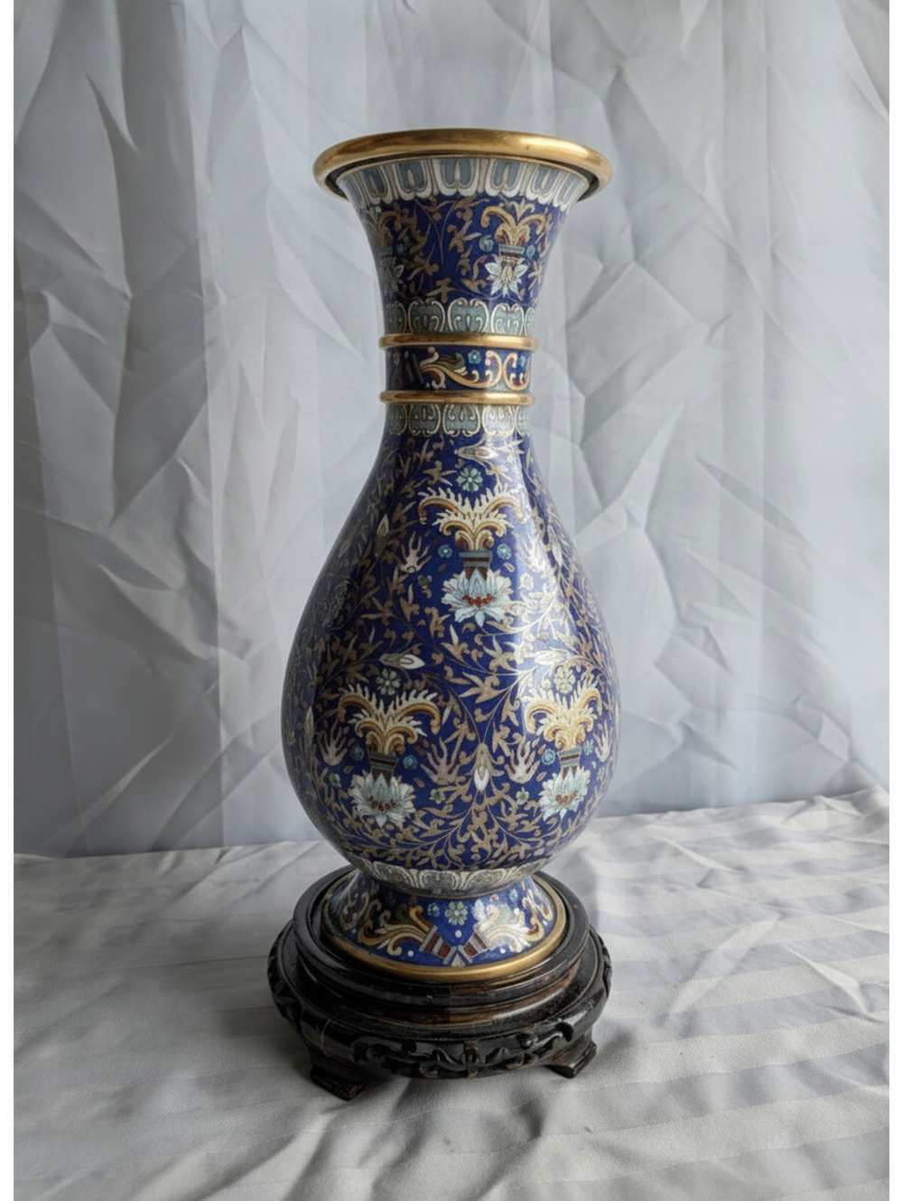 Vintage Jingfa Chinese Cloisonne 12" Blue Floral Baluster Vase Beijing Enamel
